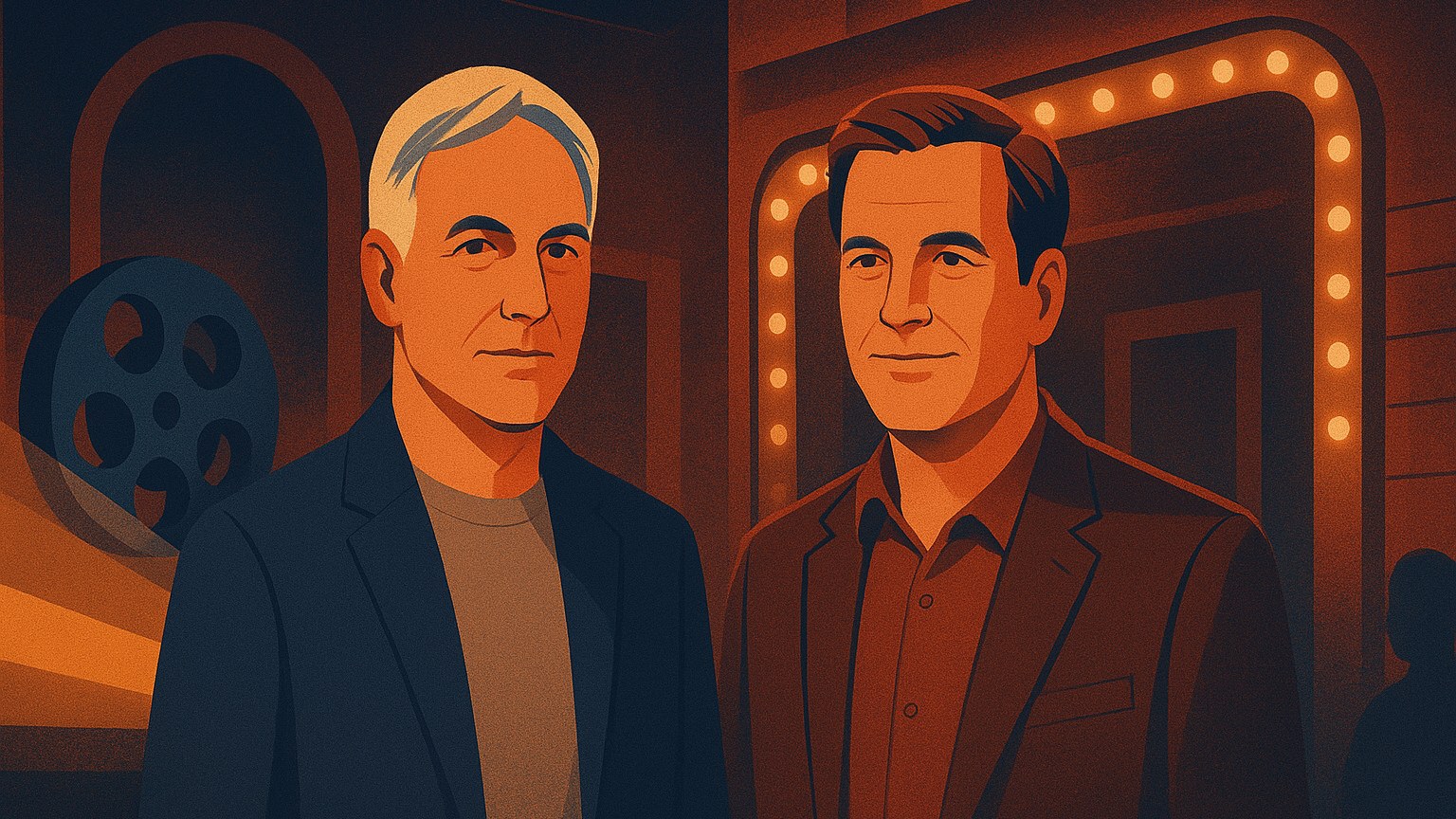 Editorial illustration representing Mark Harmon and Michael Weatherly's 'NCIS: Origins' Reunion: A Strategic Move in Television.
