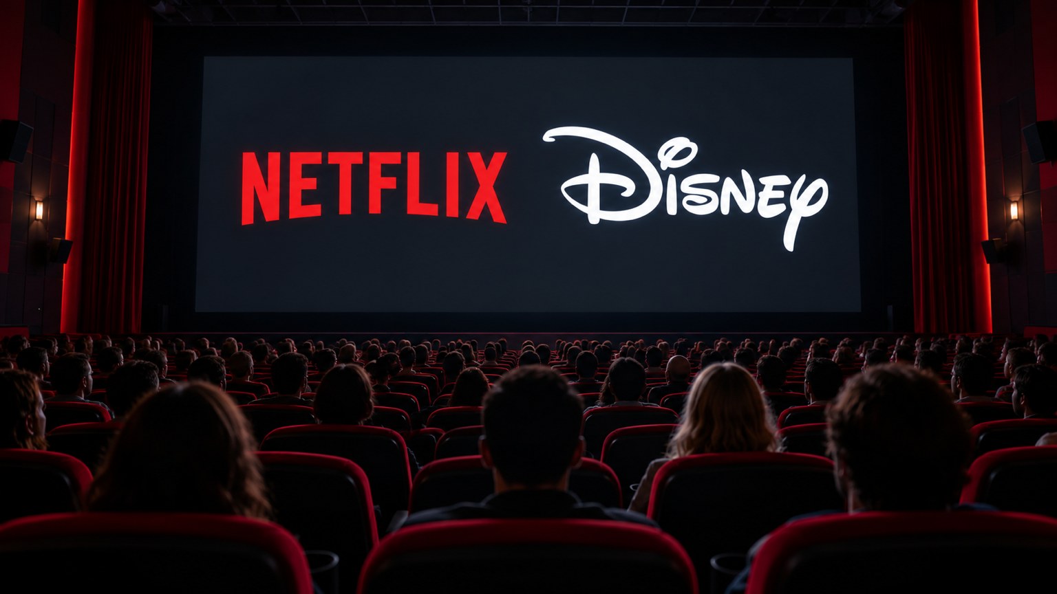 Cinematic photograph depicting Netflix & Disney logos on a cinema screen with audience.